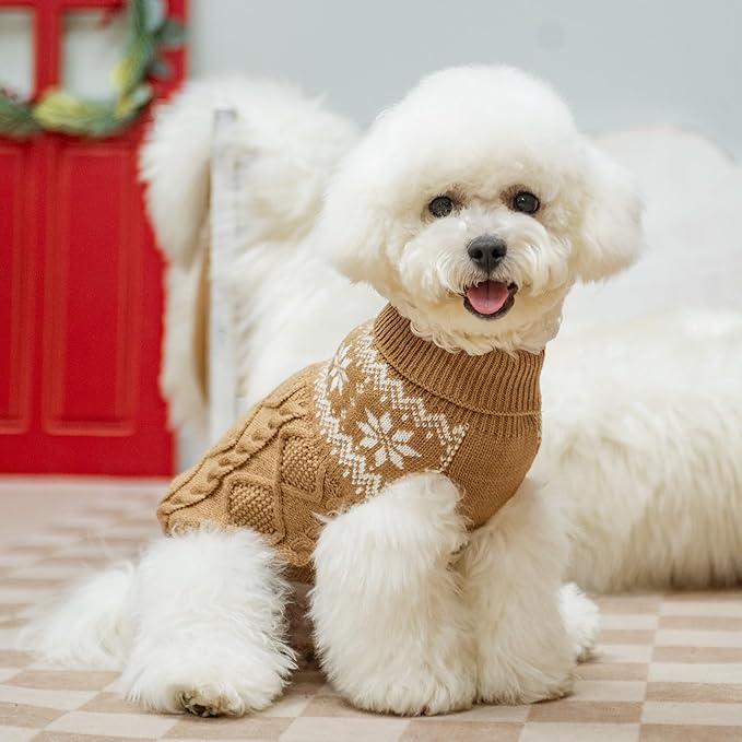 Warm Winter Dog Sweater - Cold Weather Pet Clothes for Small Medium Large Dogs Indoor Outdoor, Soft Classic Knit Puppy Apparel, Khaki, SM