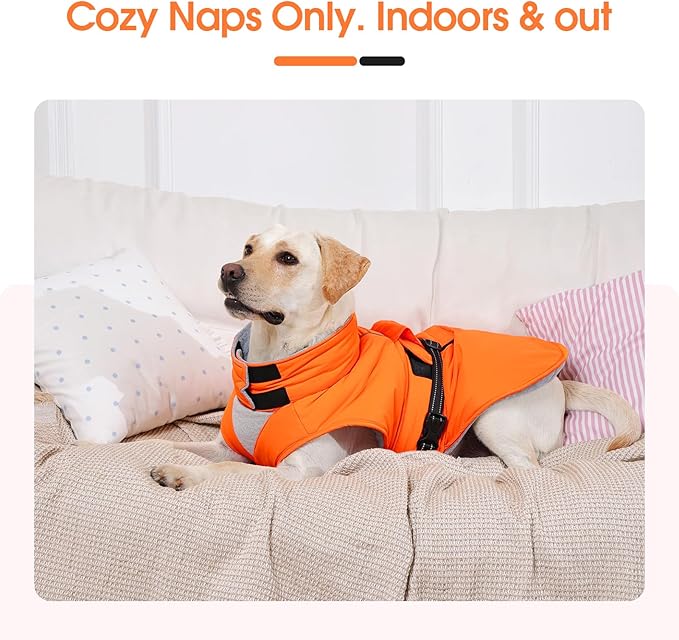 Extra Large Dog Coat, Warm Dog Winter Jacket, Waterproof Dogs Snowsuit with Foldable High Collar, Reflective Strips, Adjustable Hook & Loop Closure - Ideal for Cold Weather - Orange 5XL