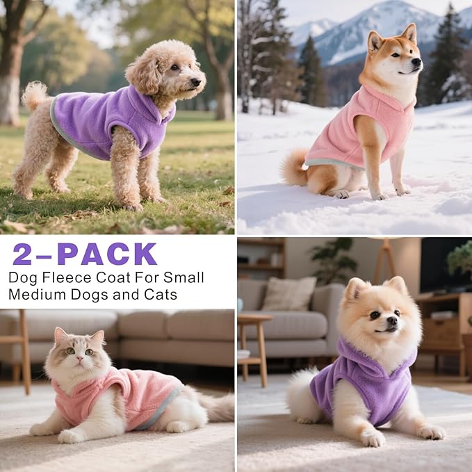 Idepet 2 Pack Dog Fleece Vest Sweater Warm Pullover Jacket with D-Ring Leash Reflective Winter Coat Hoodie for Puppy Cat French Bulldog Pug Chihuahuas Yorkies Dachshunds(Purple&Pink,X-Large)