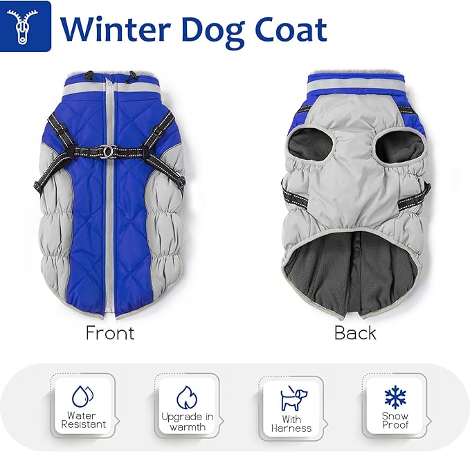 Dog Winter Coat with Harness, Dog Jacket, Pet Clothes with Zipper on Back, Waterproof Windproof Warm Vest, Reflective Cold Weather Coats, for Small Medium Large Dogs, Thick, Blue, S