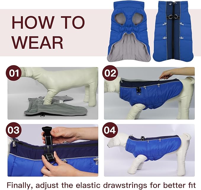 Dog Winter Jacket - Large, Warm Zip Up Snowsuit Dog Harness Vest, Reflective, Water-Resistant, Royal-Blue