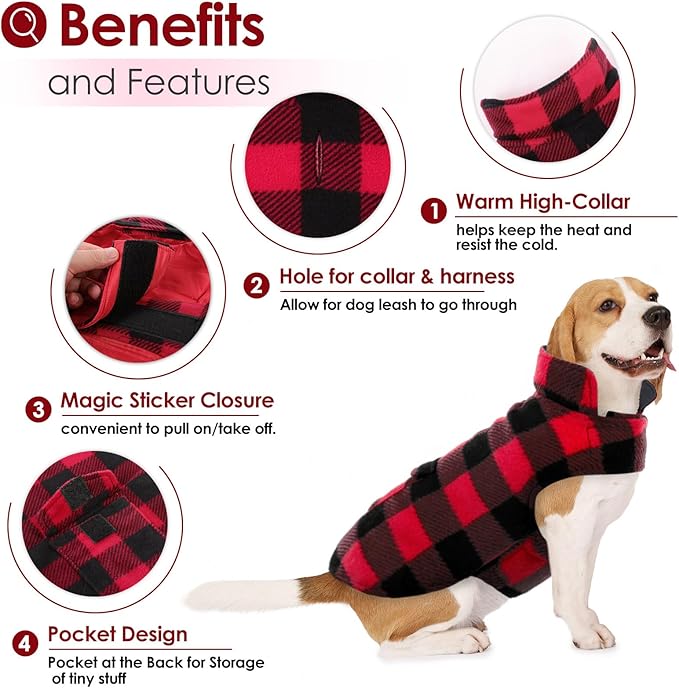 AOFITEE Dog Coat Plaid Dog Winter Coat for Large Dogs, Warm Dogs Jacket Christmas Sweater, Waterproof Pet Puffer Jacket, Reversible Pet Cold Weather Coats for Small Medium Large Pets, Red XXL