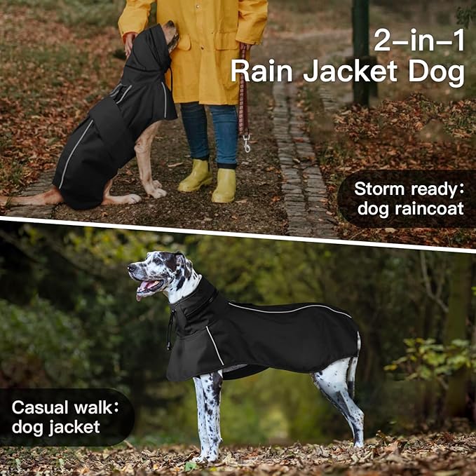 Dog Raincoat, Waterproof Dog Rain Jacket with Convertible Hood/Collar, Adjustable Belly-Protect Rain Coat for Meidum Dogs Poncho Reflective (Black, M)