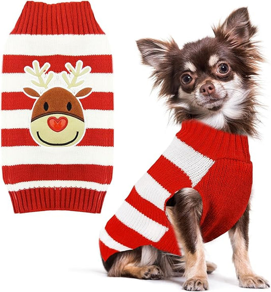 PETCARE Reindeer Christmas Dog Sweater Red Striped Cat Sweater Cartoon Elk Pet Vest Holiday Dog Clothes Puppy Sweaters for Small Medium Large Dogs Cats Fall Winter Outfits Xmas Dogs Costume,XX-Large