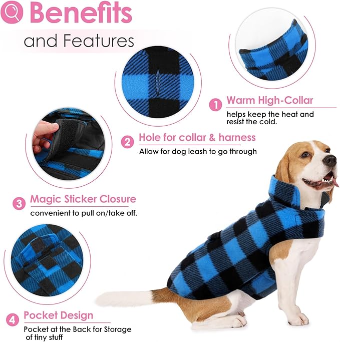 AOFITEE Dog Coat Plaid Dog Winter Coat for Small Dogs, Warm Dogs Jacket Christmas Sweater, Waterproof Pet Puffer Jacket, Reversible Pet Cold Weather Coats for Small Medium Large Pets, Blue L