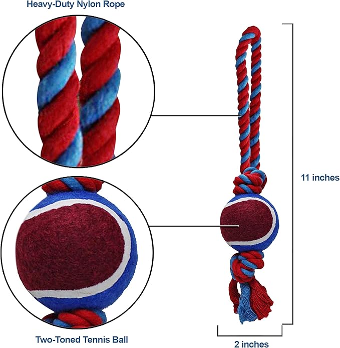 Dog Rope Toy with Tennis Ball, Nylon Rope with Balls, Fun Tug of War Toy for Dogs, Tough Dog Toy for Aggressive Chewers, Eskimo, Terrier, Beagle & More (3 Set Rope Dog Toy Red Ball)