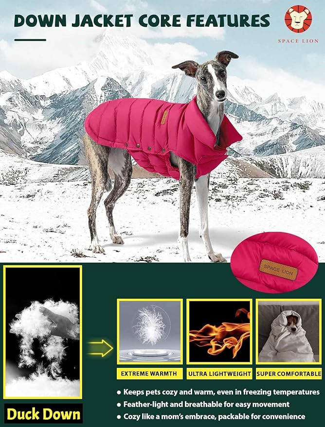SPACE LION Dog Puffer Jacket, Down Winter Coat, Durable Outdoor Coat for Cold and Windy Conditions, Waterproof, Lightweight Jacket, Adjustable Fit for Small, Medium, Large Dogs(Red,14/L)
