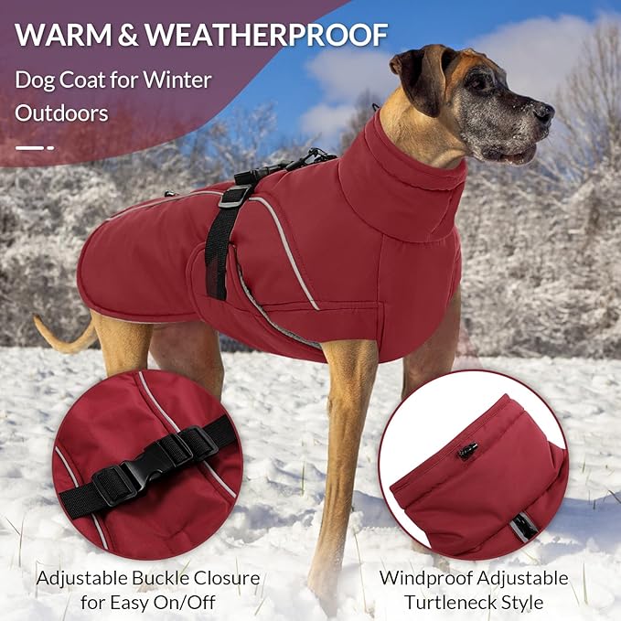 Queenmore XXL Dog Coat, Winter Jacket for Large Dogs, Waterproof Puffy Snowsuit, Adjustable Reflective Fleece Lining Warm Padding Parka for Cold Weather, Red 2XL