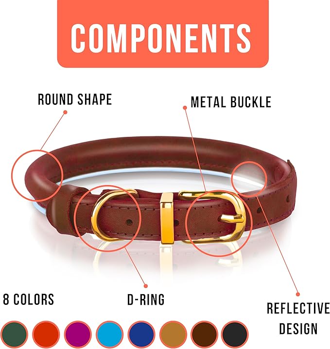 OOPSDOGGY Reflective Rolled Leather Dog Collar Adjustable Soft Padded Pet Collar for Small Medium Large Breed Dogs (Brown, L, 14"-18")