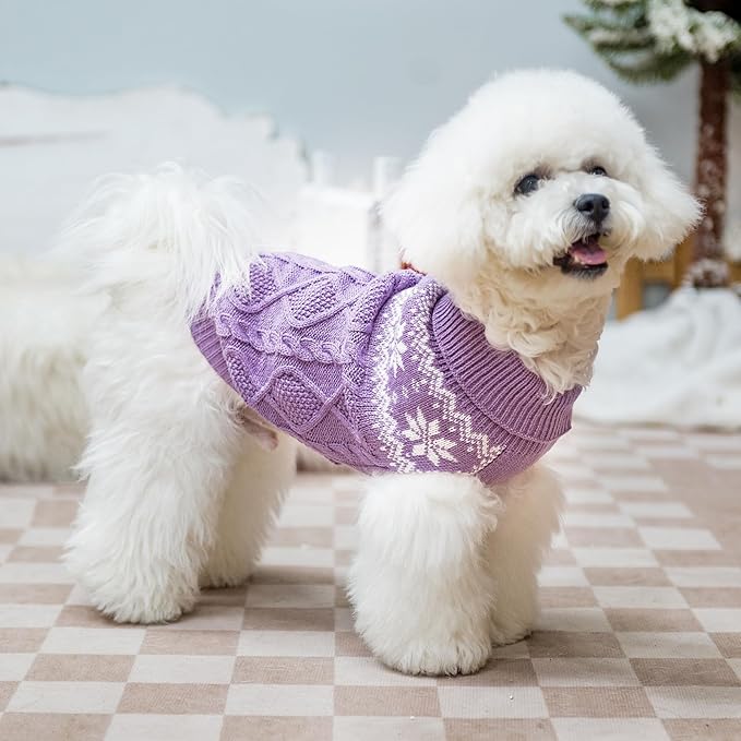 Warm Winter Dog Sweater - Cold Weather Pet Clothes for Small Medium Large Dogs Indoor Outdoor, Soft Classic Knit Puppy Apparel, Purple, S