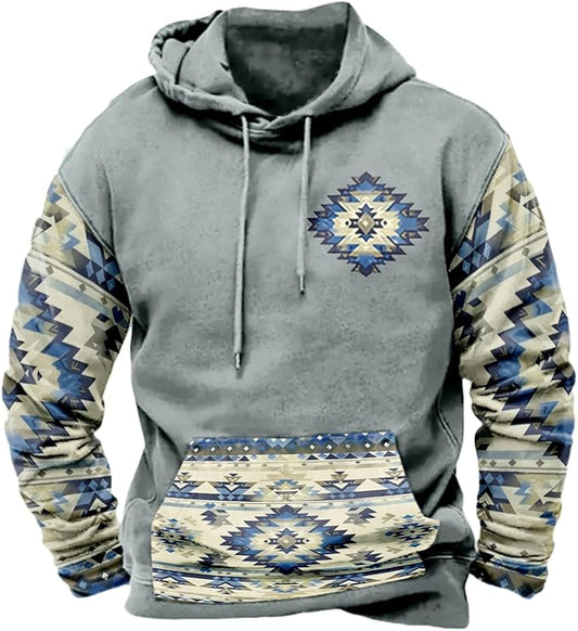 HOTYD Mens Western Aztec Sweatshirts Long Sleeve Fall Fashion Drawstring Pullover Vintage Graphic Cowboy Hoodie for Men