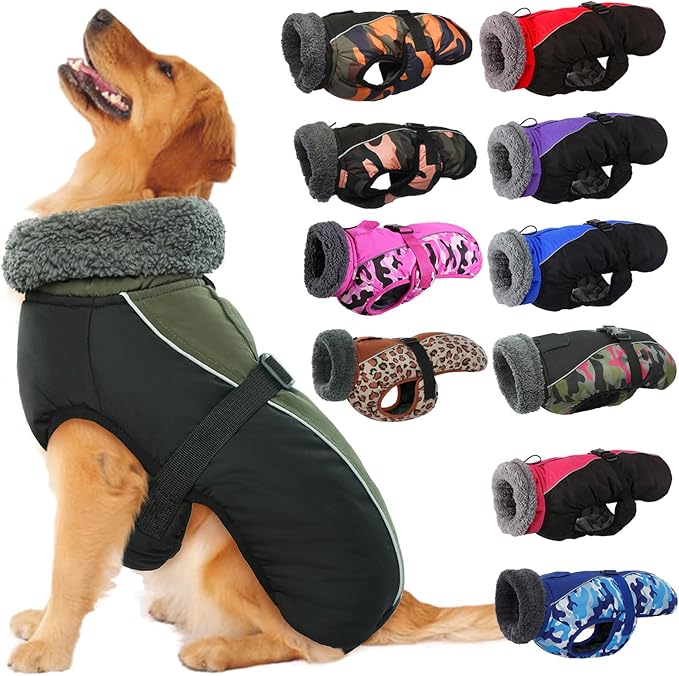 IECOii Dog Winter Coat Reflective Adjustable Dog Jacket Dog Coat with Buckle Fleece Turtleneck for Cold Weather Soft Winter Coat for Small Medium Extra Large Dogs, Army Green
