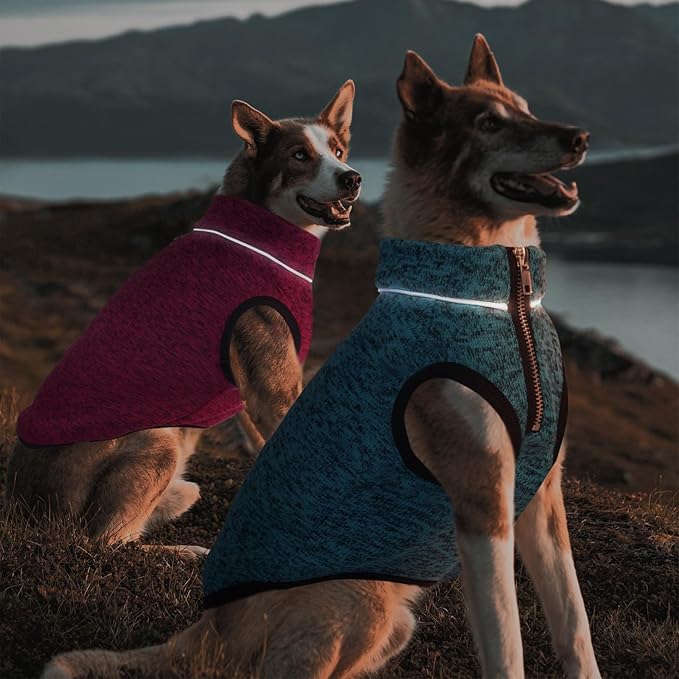 ROZKITCH XX-Large Dog Sweater, Lightweight Jacket with Fleece Lining, Knit Pet Coats for Large with Zipper Opening for Harness, Adjustable Neck Reflective Pet Jacket for Fall Blue 2XL