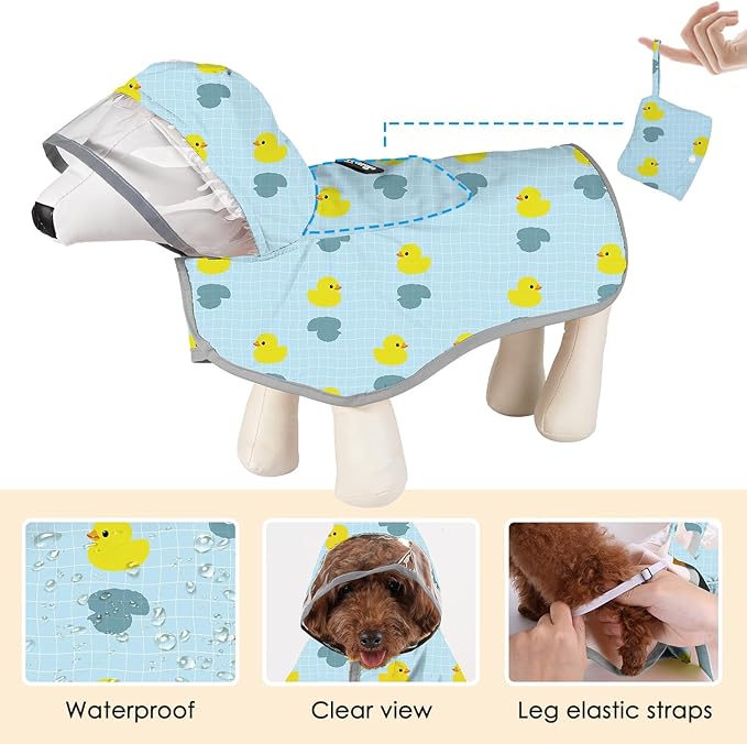SlowTon Dog Raincoat, Adjustable Dog Rain Jacket Clear Hooded Double Layer, Waterproof Poncho with Reflective Strip Straps and Storage Pocket for Small Medium Large Dogs Puppies(DK M)