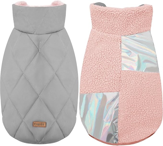 EMUST Small Dog Coat, Reversible Winter Jacket Coats for Small Dogs, Fuzzy Pet Apparel Vest for Small Medium Dogs, Pink, S
