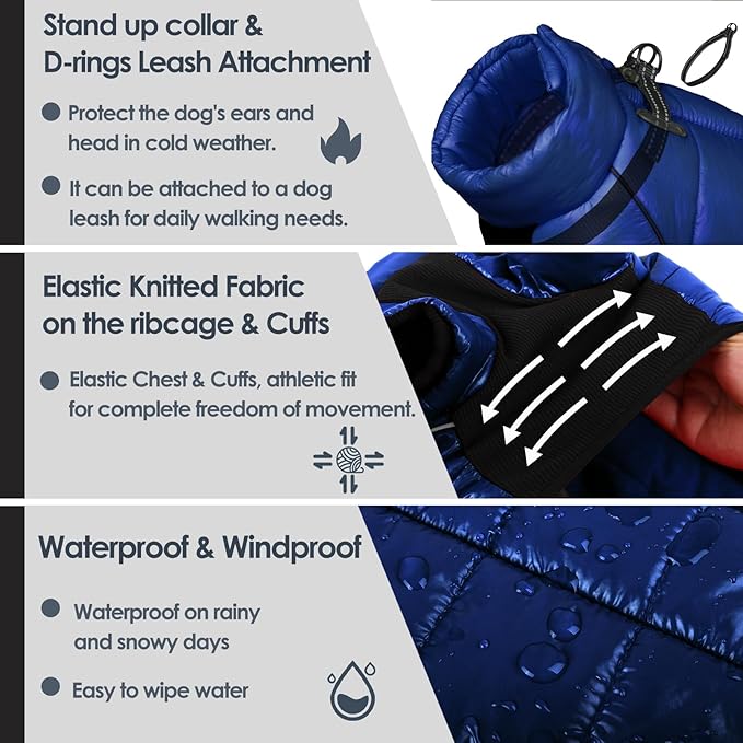 AOFITEE Dog Coat, Waterproof Dog Winter Jacket, Warm Fullbody Small Dogs Snowsuit, Winter Coat for Small Dogs, Zip Up Pet Puffer Jacket Fleece Vest, Outdoor Reflective Pet Snow Jackets, Blue XL