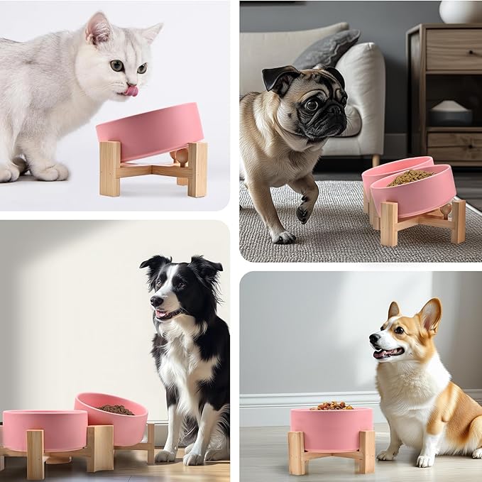 SPUNKYJUNKY 15° Slanted Ceramic Dog and Cat Bowl with Wooden Stand, Tilted Bulldog Food and Water Bowl No Slip Non-Spill for Cats Medium Dogs Big Face Pets 28.7 OZ (3.6 Cups, Pink × 2)