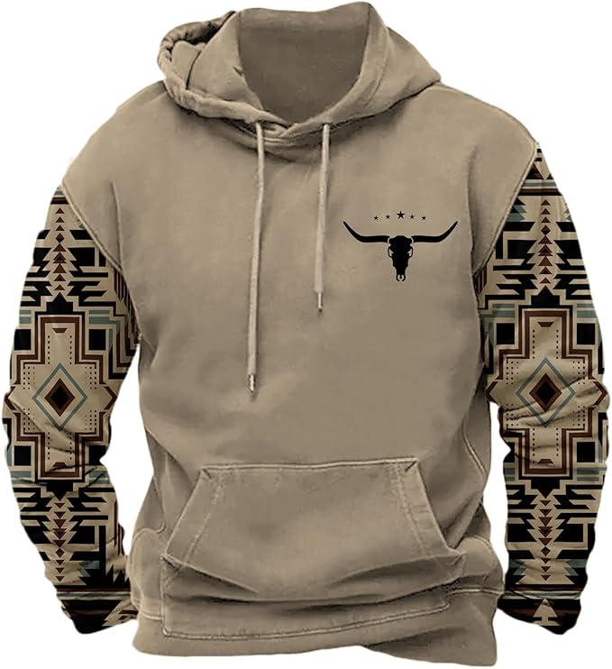 HOTYD Mens Western Aztec Sweatshirts Long Sleeve Fall Fashion Drawstring Pullover Vintage Graphic Cowboy Hoodie for Men