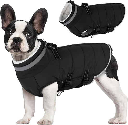 Small Dog Coat with Harness Built-in, Waterproof Reflective Fleece Lined - Warm Windproof Winter Jacket with Back Zipper, Cold Weather Snow Dog Coats - Black - S