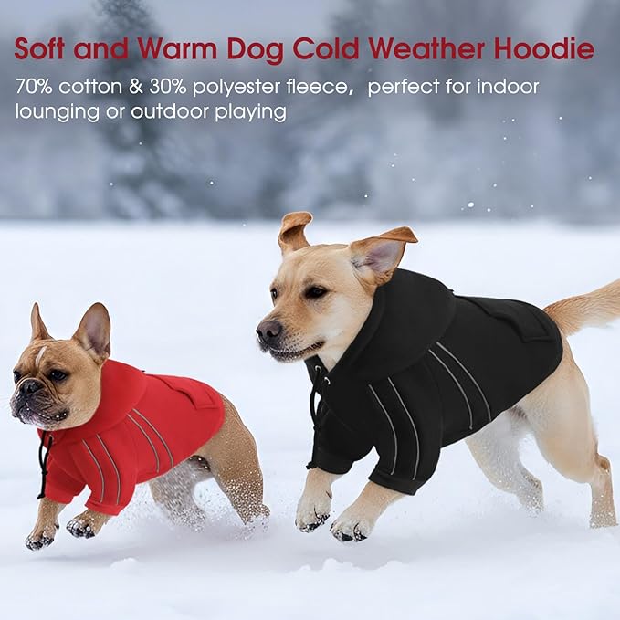 ASENKU Cozy Dog Hoodie，Soft Sweater with Adjustable Hood, Back Pocket and Leash Access Hole，Warm Reflective Sweatshirt for Cold Weather（Black，2XL