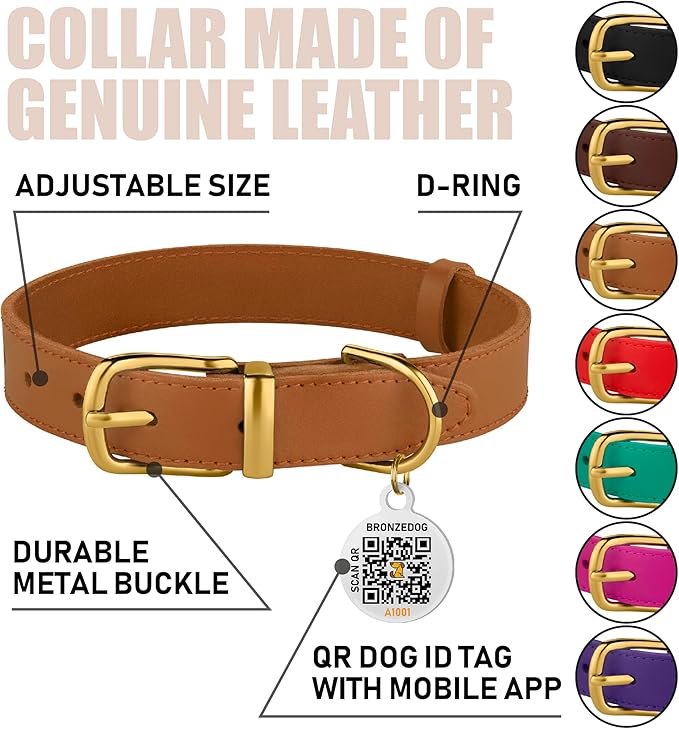 BRONZEDOG Leather Dog Collar with Metal Buckle Durable Basic Pet Collars for Small Medium Large Dogs (11-13 Inch (Pack of 1), Light Brown & Gold Buckle)