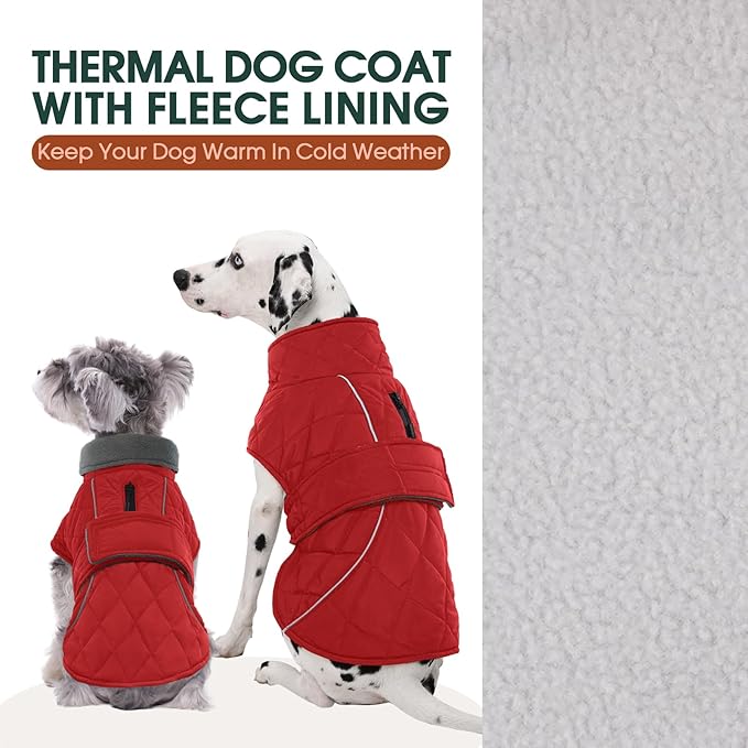 Kuoser Extra Warm Dog Coat, Windproof Cold Weather Jacket for Small Dogs, Fleece Lining Turtleneck Dog Jacket Pet Christmas Snowsuit Puppy Reflective Adjustable Winter Clothes, Red S