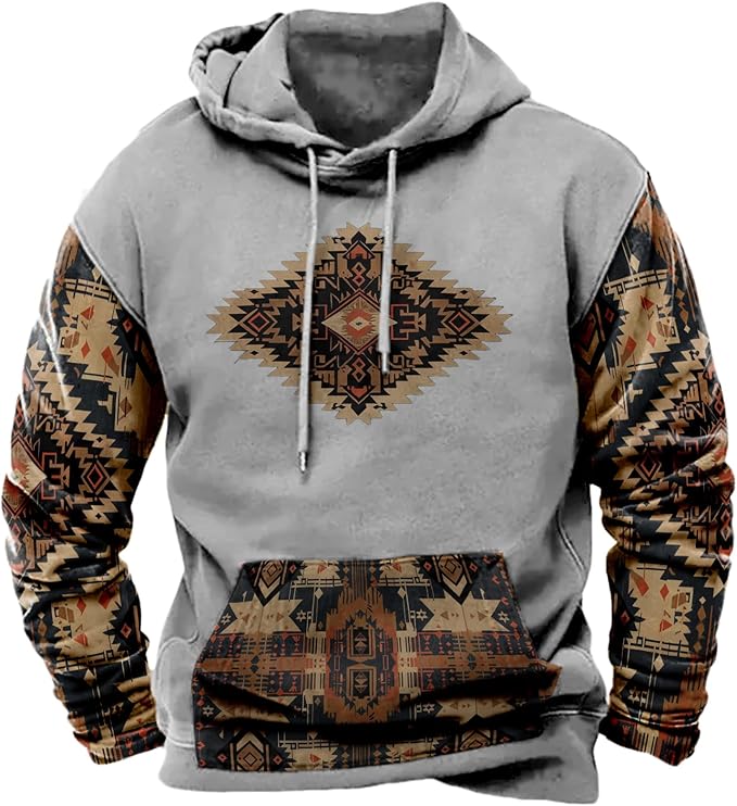 HOTYD Mens Western Aztec Sweatshirts Long Sleeve Fall Fashion Drawstring Pullover Vintage Graphic Cowboy Hoodie for Men