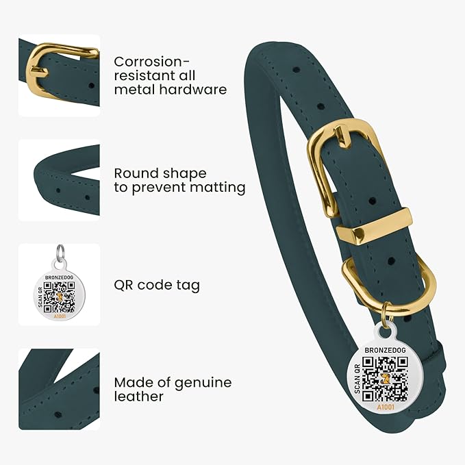 BronzeDog Rolled Leather Dog Collar with QR ID Tag, Adjustable Soft Round Collars for Small Medium Large Dogs Puppy (14" - 16" Neck Size, Denim)