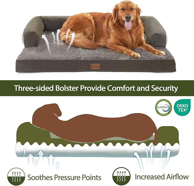 Orthopedic Dog Beds for Extra Large Dogs, Waterproof Egg Crate Foam XL Dog Bed with Sides 45 * 35Inch, Big Dogs Couch Beds with Removable Washable Cover and Nonskid Bottom, Dark Green