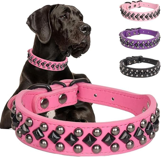 Serijoars Spiked Studded PU Leather Dog Collar for Small, Medium, Large Breeds, Pit Bull, Bully, Husky, Terrier, Adjustable (Hot Pink, L (41-47CM))