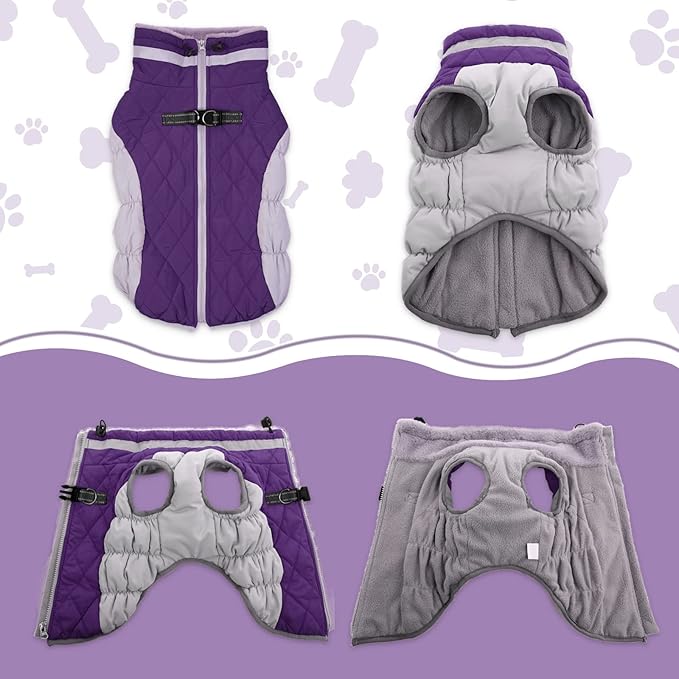 Lelepet Dog Coat Warm Dog Winter Coat Waterproof Dogs Jacket with Harness Built in Reflective Pet Fleece Vest Zip-Up Cold Weather Coats for Large Dogs Turtleneck & Windproof Coats Pitbull Purple 2XL