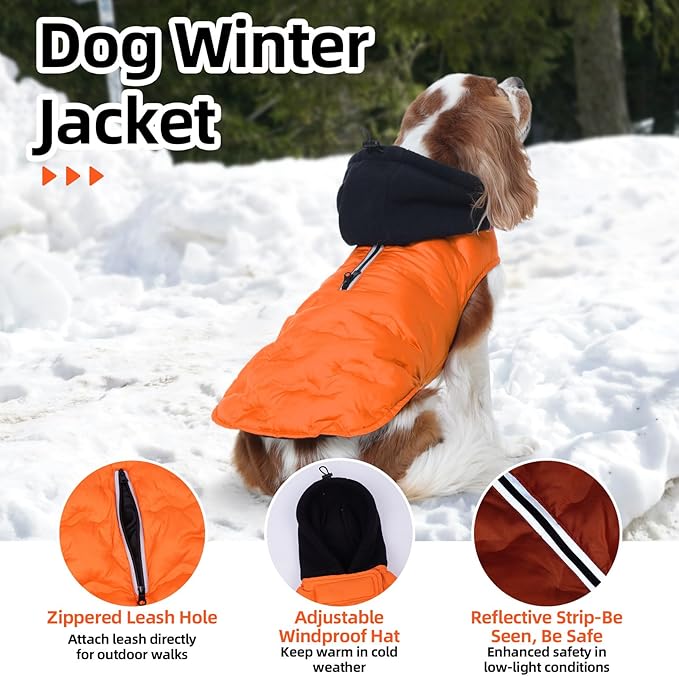 Nanaki Easy On Adjustable Pet Winter Coat Vest-Cold Weather XL Dog Coats with Hood, Warm Reflective Dog Puffer Vest Snowsuit for Pitbull, Soft Lightweight Puffer Coat for Outdoor Activities, Orange
