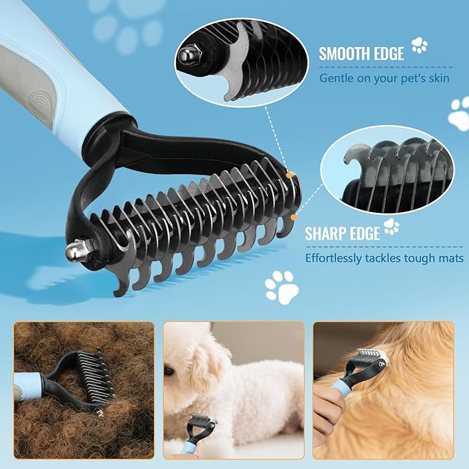 8 in-1 Dog Grooming Kit - Supplies for Short and Long Hair Dogs & Cats, Dog Brushes for Grooming, Dematting Comb for Pet, Bath Brush, Flea Comb, Pet Donditioner, Set in Blue