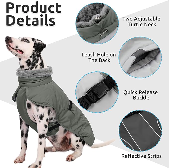 Queenmore Dog Coats for Large Breeds, Dog Snow Jacket, Adjustable Easy On Large Dogs Winter Jackets, Waterproof Cold Weather Pet Coat, Grey, L