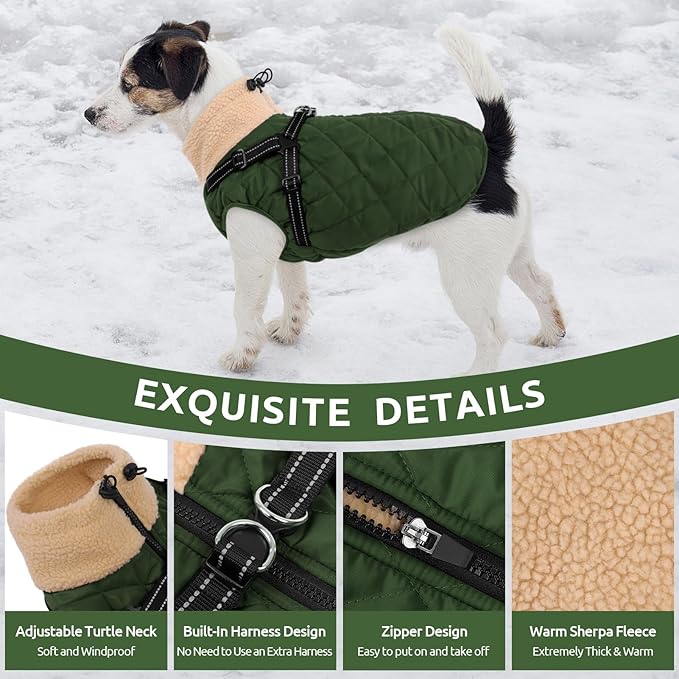 Queenmore Dog Jackets for Medium Dogs, Dog Coat with Harness Built in, Waterproof Pet Winter Coat with Zipper On Back Doggy Snowsuits Warm Pet Jacket for French Bulldog, Poodle, Corgi, ArmyGreen M