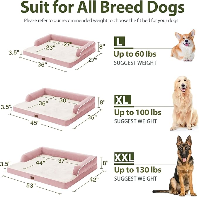 Orthopedic Dog Beds for Extra Large Dogs, Waterproof Egg Crate Foam XL Dog Bed with Sides 45 * 35Inch, Big Dogs Couch Beds with Removable Washable Cover and Nonskid Bottom, Pink