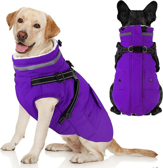 Dogcheer Dog Coat with Harness, Waterproof Warm Dog Winter Jacket with Pockets, Reflective Pet Fleece Jacket Turtleneck Snowsuit for Small Medium Large Dogs - Purple, 3XL