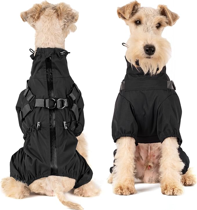 Mile High Life Waterproof Dog Raincoat, Full Coverage Small Dog Rain Coat with Harness, Adjustable 4 Legs Puppy Rain Jacket with Reflective Strip and Elastic Cuffs (Black, S Back Length 13")