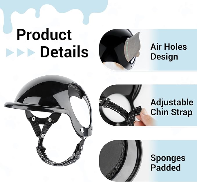 Dog Helmet and Goggles for Small Dogs - Pet Goggles Pet Motorcycle Helmet Hat with Ear Holes Adjustable Straps Safety Helmet for Puppy Riding - Black