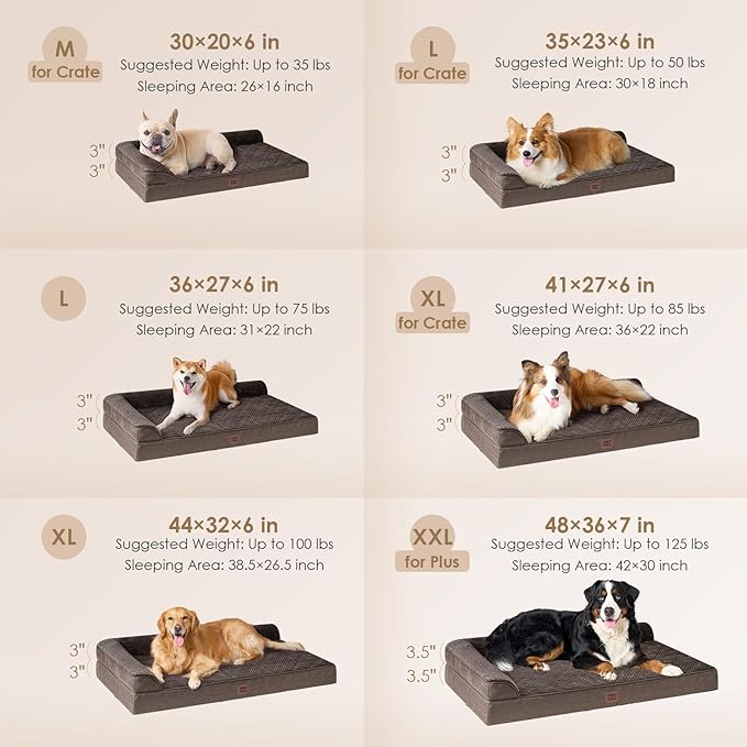 EHEYCIGA Memory Foam Dog Bed Large Sized Dogs, Pet Bed for Large Dog for Crate with Waterproof Liner, Pet Couch Bed Orthopedic with Washable Removable Cover, 35x23x6 Inches, Brown