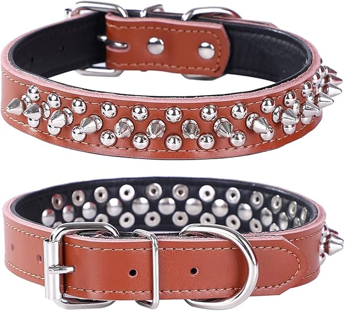 Adjustable Genuine Leather Spiked Studded Dog Collars for Small Medium Large Pets Like Pit Bull Bulldog Pugs Husky (L, Brown)