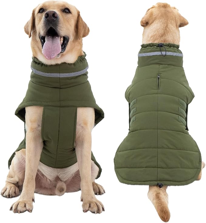 Dog Coat, Waterproof Winter Jacket, Warm Windproof Vest, Reflective Adjustable Turtleneck Coats for Medium and Large Dogs with Hook & Loop - Green - L