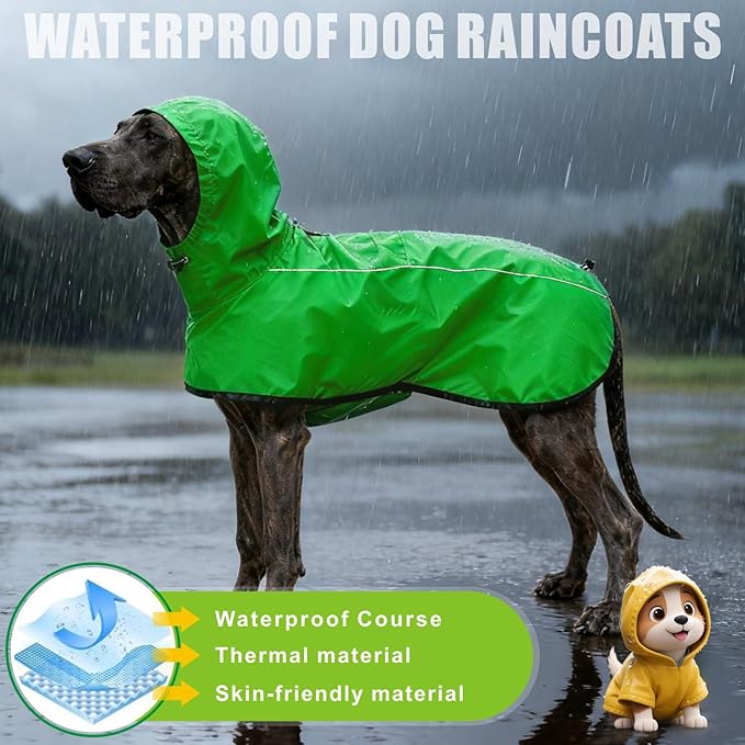 Mosucoirl Dog Raincoat Jacket Reflective Adjustable Hooded Pet Poncho Rain Coats with Leash Hole Waterproof Clothes for Small Medium Large Dogs (Green, S)