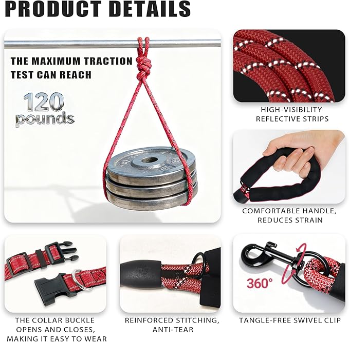 Nylon Dog Leash for Medium Large Dogs, 5-FTReflective Heavy Duty Leash with Comfortable Handle & Poop Bag Dispenser Ring, 1/2 Inch Wide, Secure Reinforcement for Walking (Red, M)