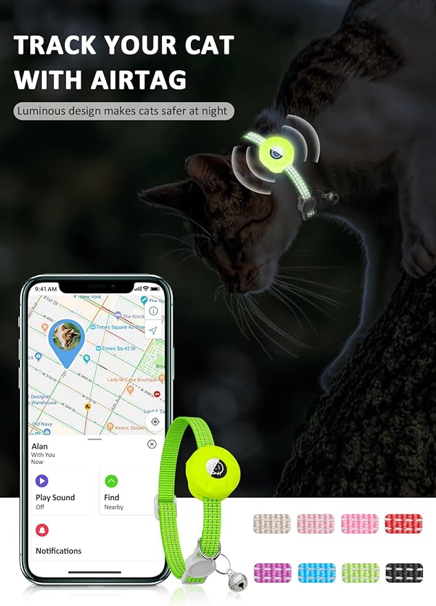 AirTag Cat Collar, Reflective Kitten Collar Breakaway Apple Air Tag Cat Collar, GPS Cat Collar with AirTag Holder and Bell, Lightweight Tracker Cat Collars for Girl Boy Cats Kittens (Luminous Yellow)