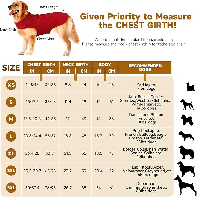 Fleece Dog Coat Pet Jacket Reflective for Cold Weather for Extra Large to Small Pets(Red,L)