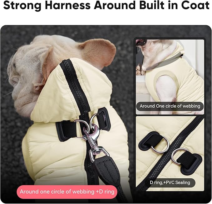 Fleece Lining Dog Hoodie with Harness Built in,Extra Warm Medium Dog Jacket in Winter Doggie Coats with Hooded,Light Yellow L