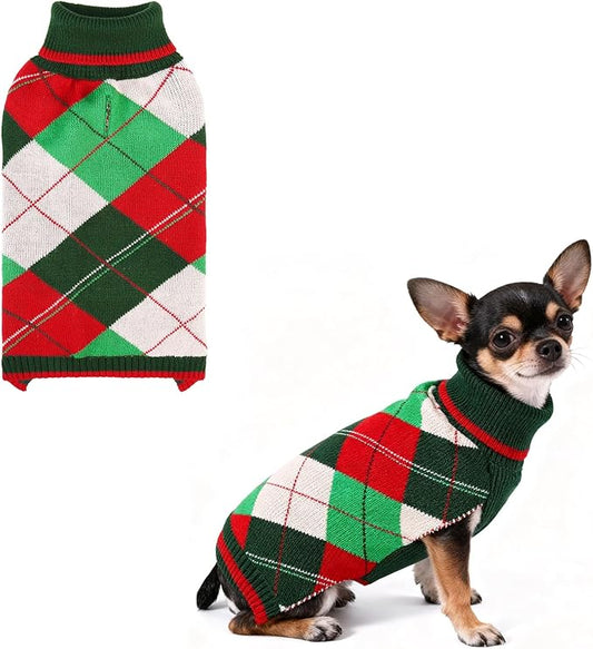 KOOLTAIL Dog Christmas Sweater Pet Knitted Clothes - Classic Plaid Pull Over Turtleneck Dog Sweaters with Leash Hole Warm Dogs Winter Clothing for Small Medium Dogs Cats Puppy Boy Girl Red & Green XS