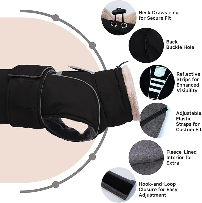 Dog Winter Coat for Small to Large Dogs(XS-XXXL)– Waterproof Windproof Fleece Lined Jacket with Reflective Trim,Pet Vest with Adjustable Buckles, Machine Washable Black 2XL