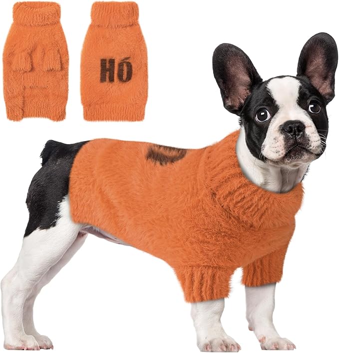 Small Dog Furry Pullover Sweater, Classic Turtleneck Dog Clothes for Cold Weather Cute Warm Pet Clothes for Chihuahua, Bulldog, Dachshund, Pug Orange Small